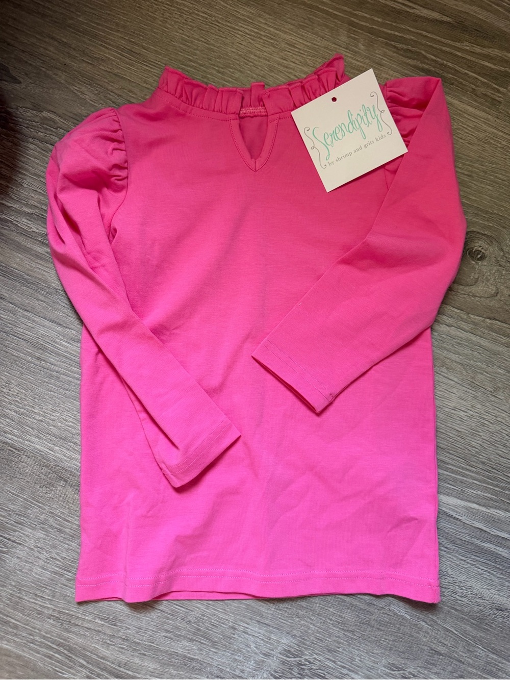 NWT! Girls' Long Sleeve Ruffle Neck Tee - Bright Pink by Serendipity